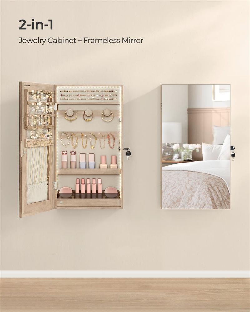 Jewelry Cabinet Armoire - Mirror With LED Lights - Wall Mounted