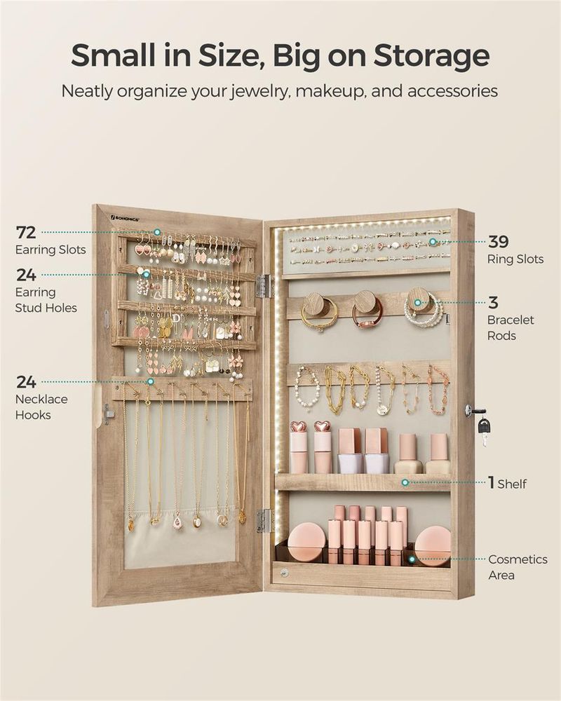 Jewelry Cabinet Armoire - Mirror With LED Lights - Wall Mounted