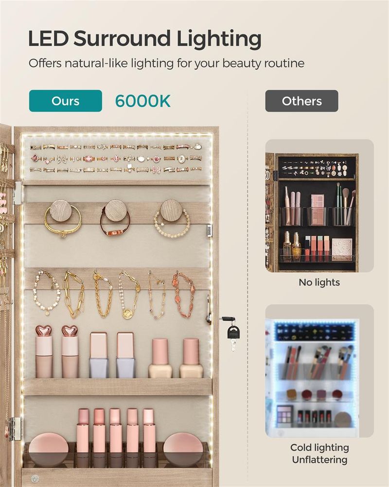 Jewelry Cabinet Armoire - Mirror With LED Lights - Wall Mounted