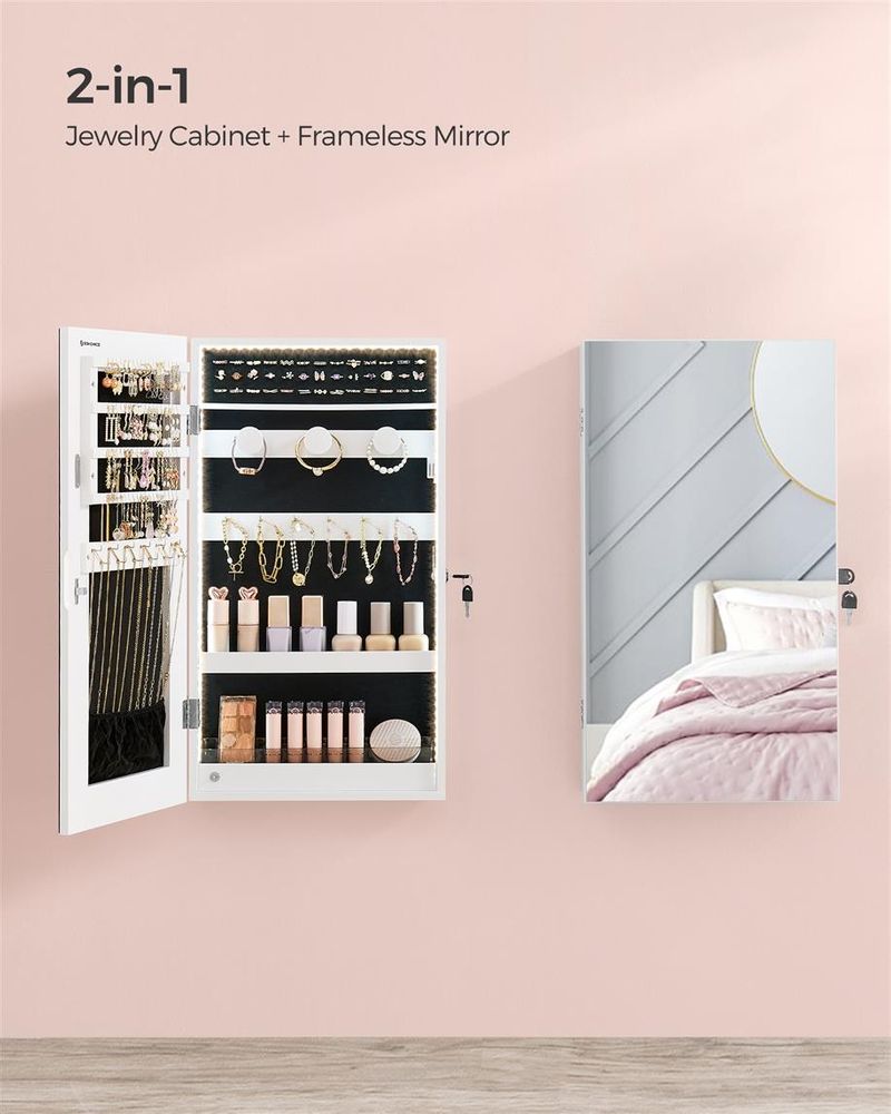 Jewelry Cabinet Armoire - Mirror With LED Lights - Wall Mounted