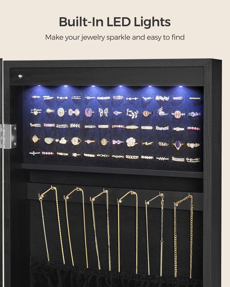 Jewelry Armoire Cabinet - Wall Mounted - LED Lights - Full Length Mirror