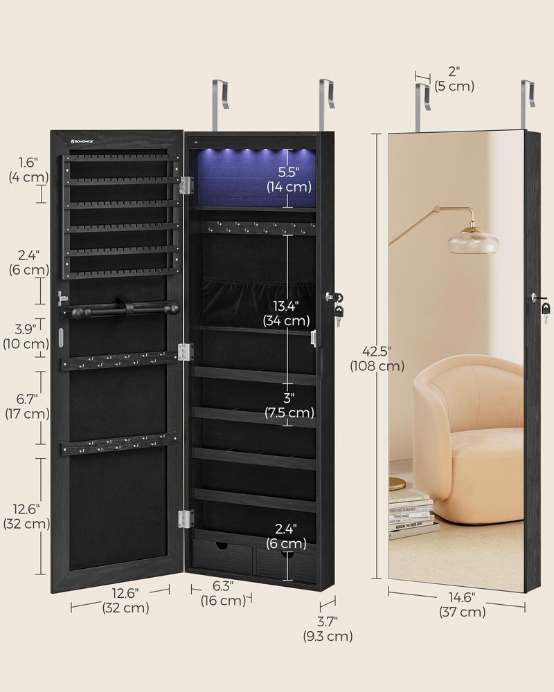 Jewelry Armoire Cabinet - Wall Mounted - LED Lights - Full Length Mirror