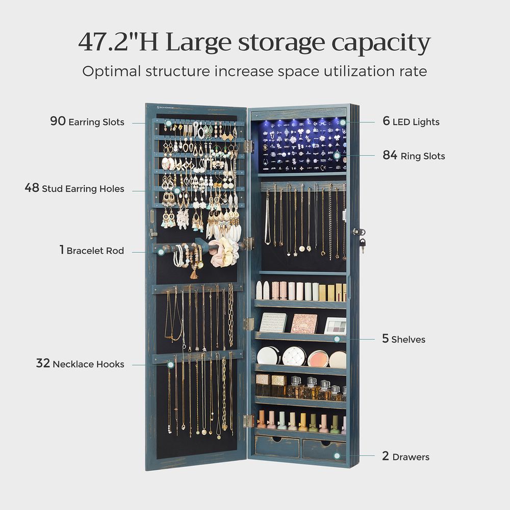 Jewelry Armoire Organizer - Lockable - Wall Or Door Mounted Mirror