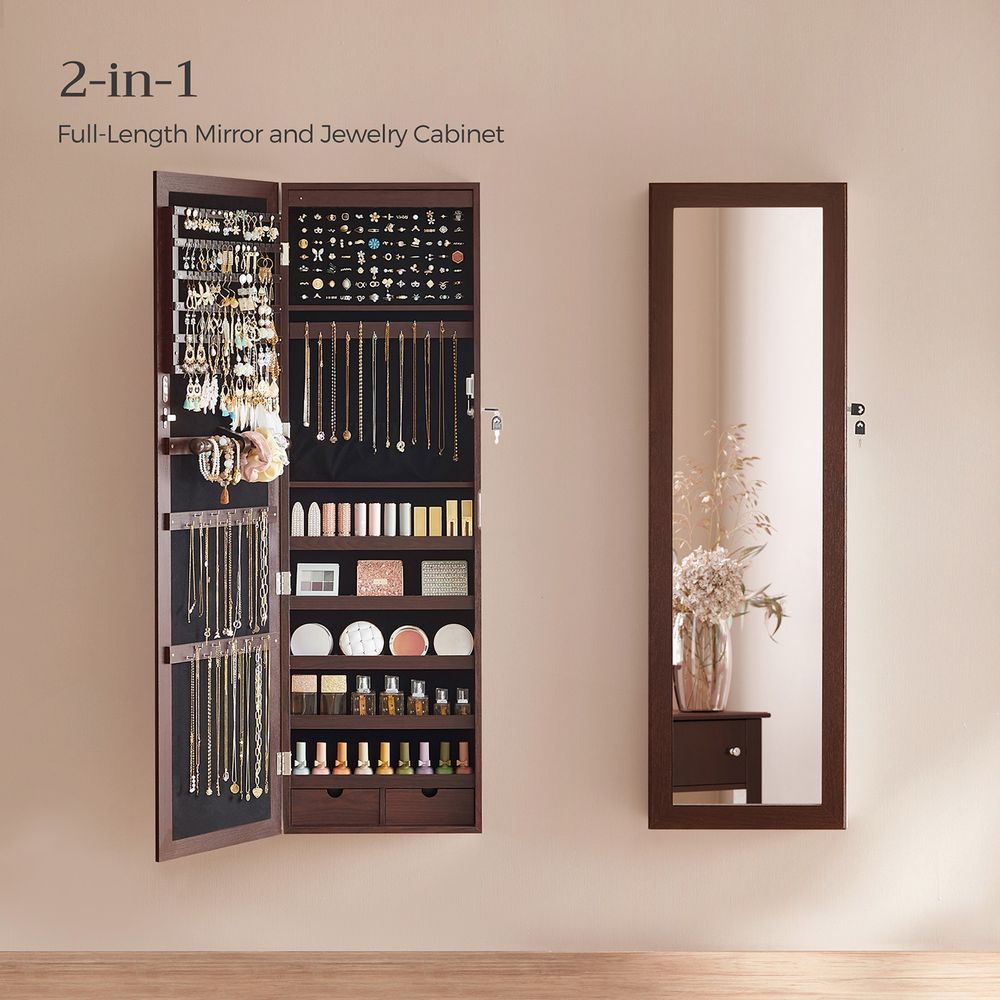 Jewelry Armoire Organizer - Lockable - Wall Or Door Mounted Mirror