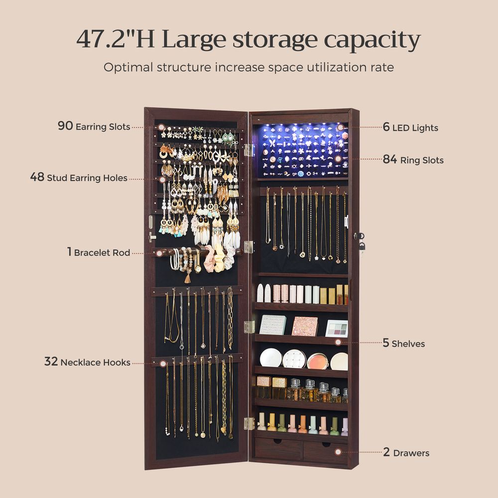 Jewelry Armoire Organizer - Lockable - Wall Or Door Mounted Mirror