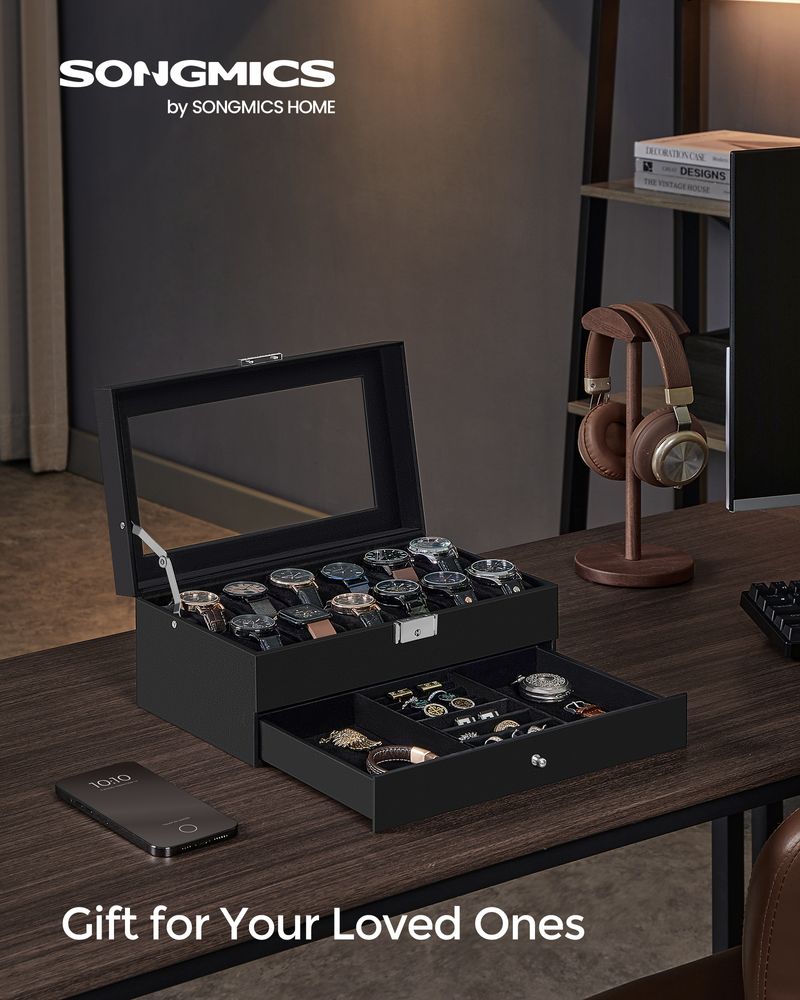 Watch Case Organizer - 6 Slot Lockable - Glass Lid Storage