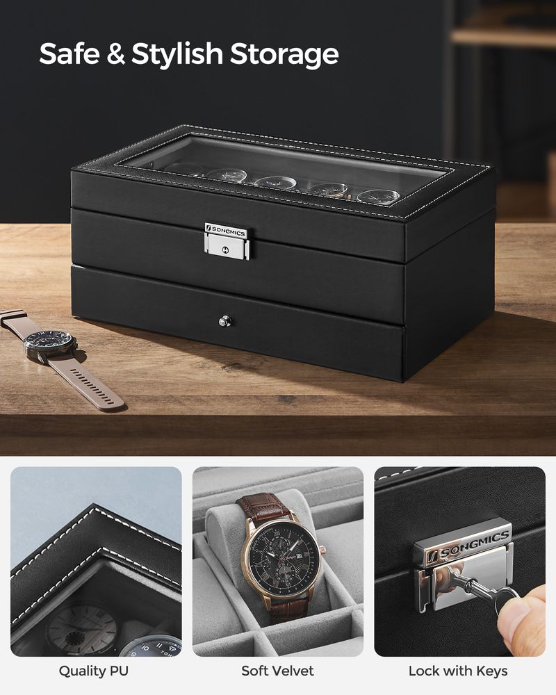Watch Case Organizer - 6 Slot Lockable - Glass Lid Storage