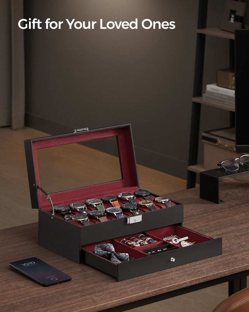 Watch Case Organizer - 6 Slot Lockable - Glass Lid Storage