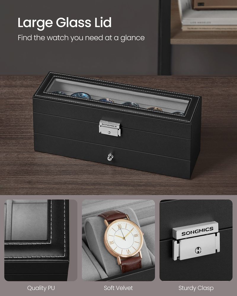 Watch Case Organizer - 6 Slot Lockable - Glass Lid Storage