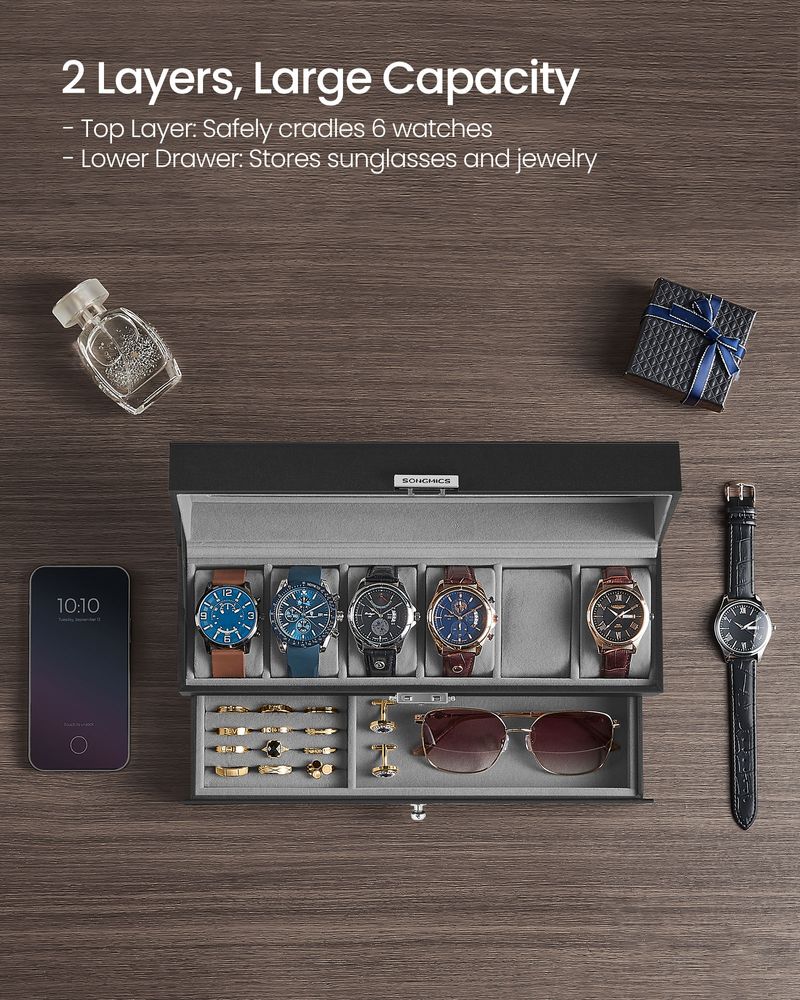 Watch Case Organizer - 6 Slot Lockable - Glass Lid Storage