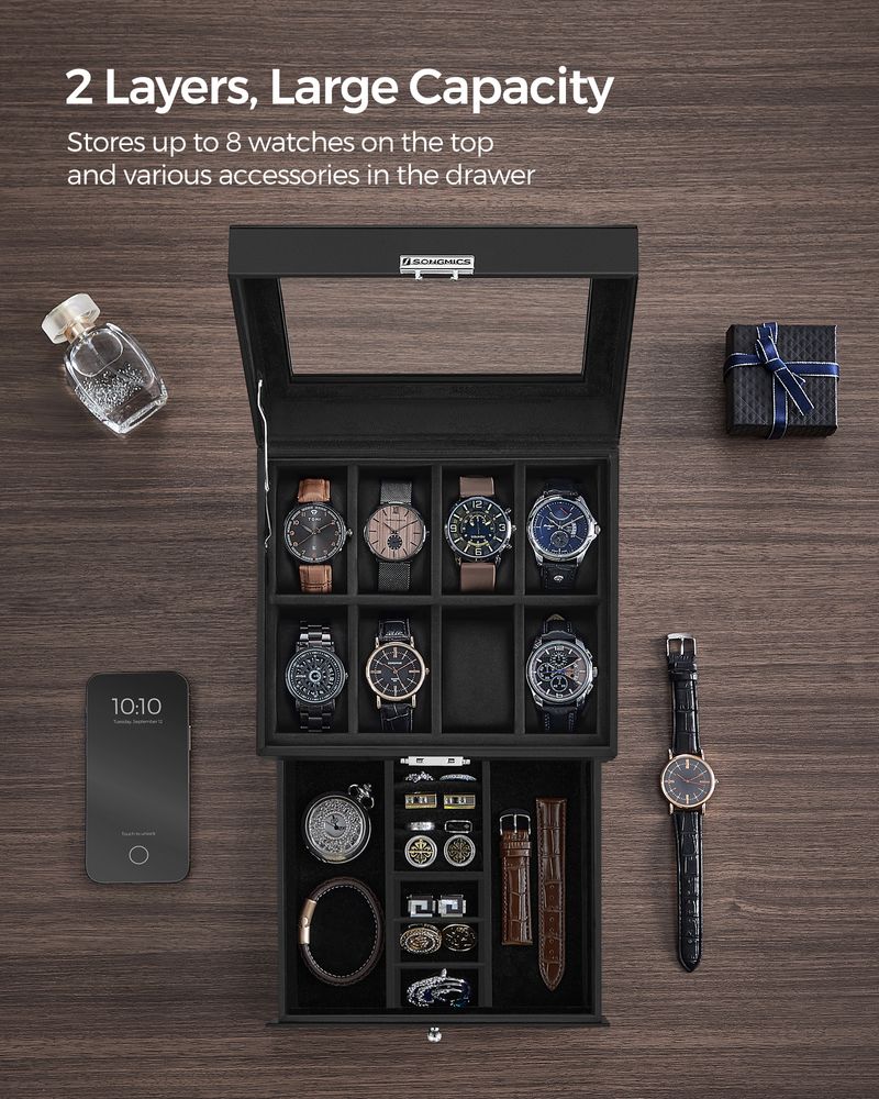 Watch Case Organizer - 6 Slot Lockable - Glass Lid Storage