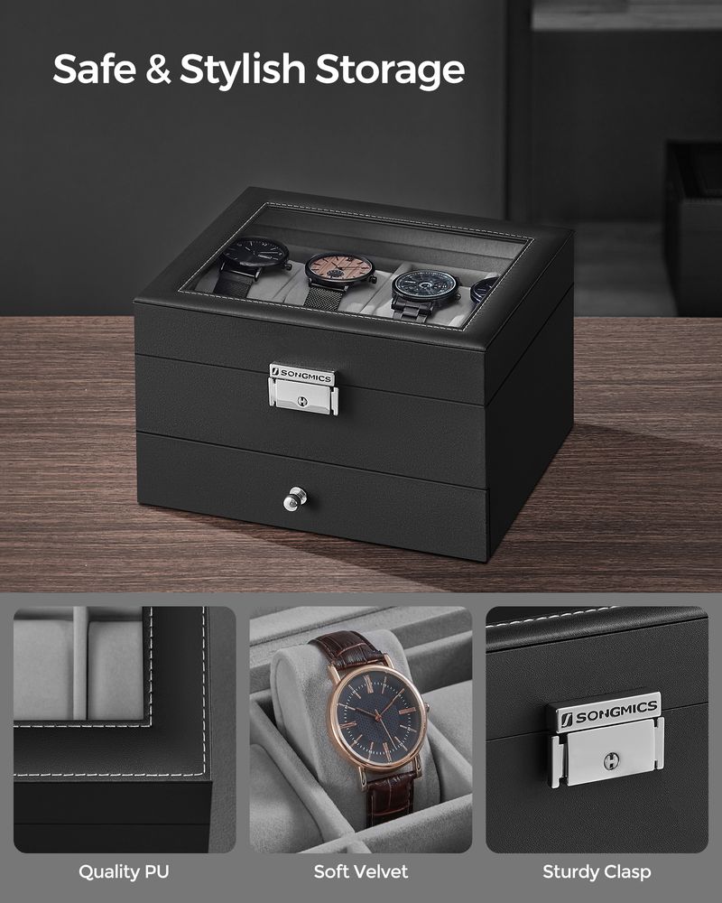 Watch Case Organizer - 6 Slot Lockable - Glass Lid Storage