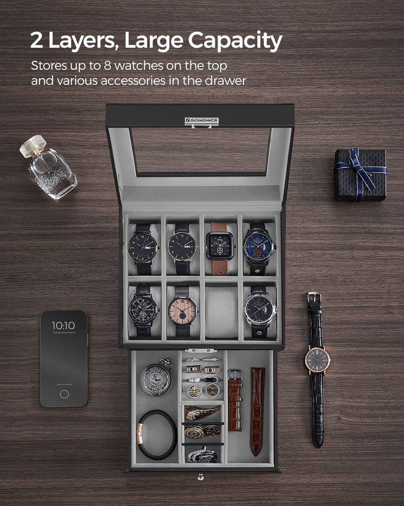 Watch Case Organizer - 6 Slot Lockable - Glass Lid Storage