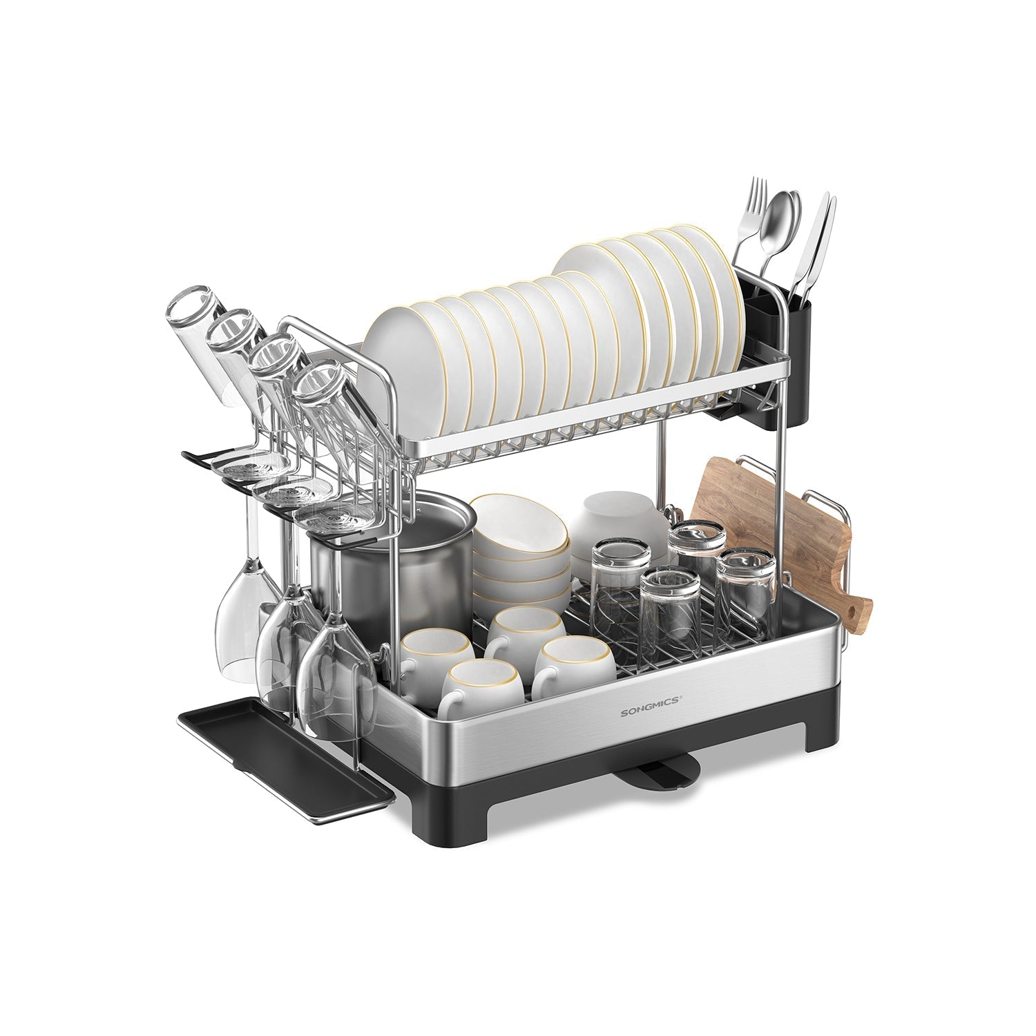 2 Tier Dish Rack With Drainboard Rotatable Extendable Spout