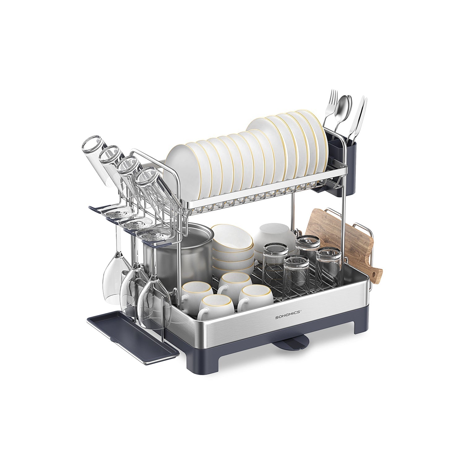 2 Tier Dish Rack With Drainboard Rotatable Extendable Spout