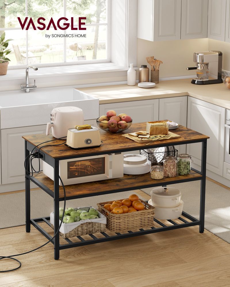 Kitchen Island With 3 Shelves – Built-In Power Strip – Large Worktop