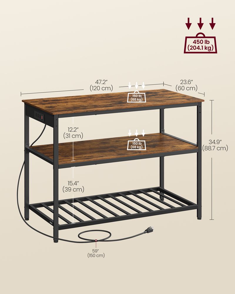 Kitchen Island With 3 Shelves – Built-In Power Strip – Large Worktop