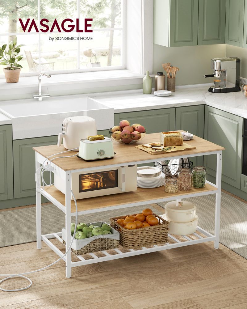 Kitchen Island With 3 Shelves – Built-In Power Strip – Large Worktop