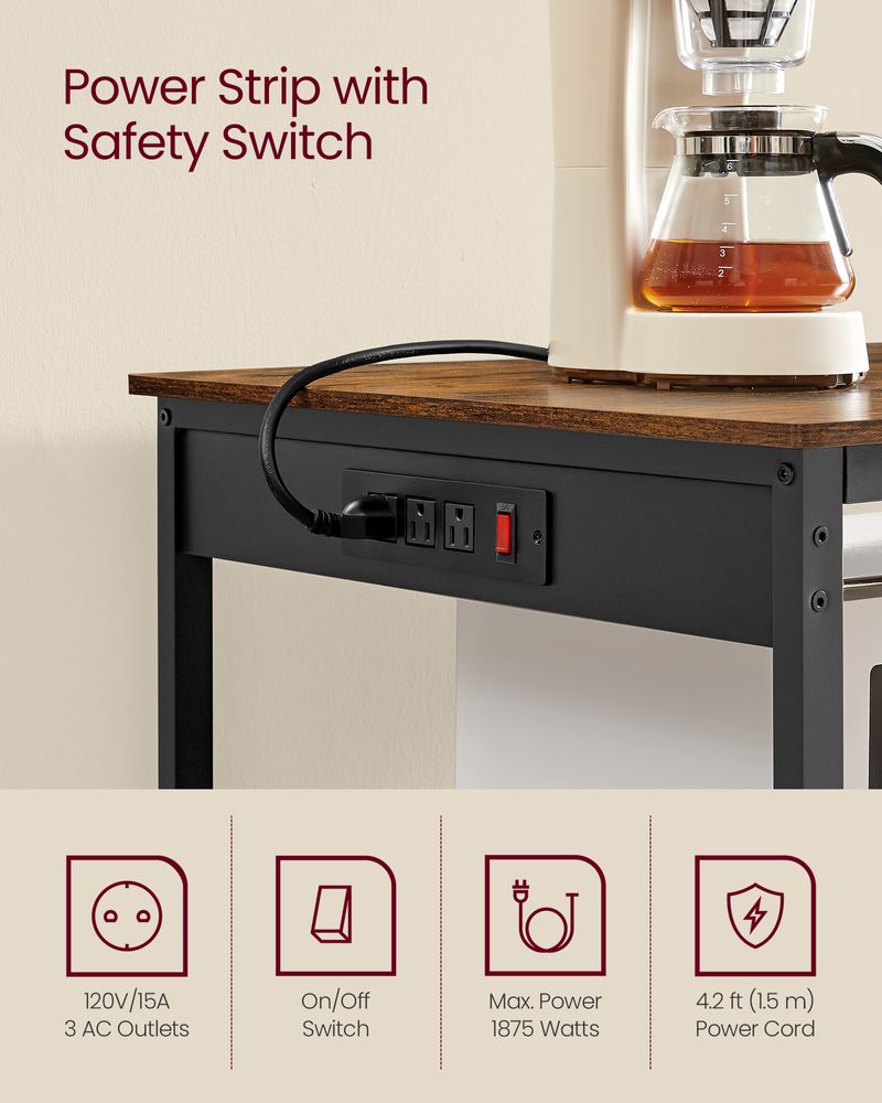 Kitchen Island With 3 Shelves – Built-In Power Strip – Large Worktop