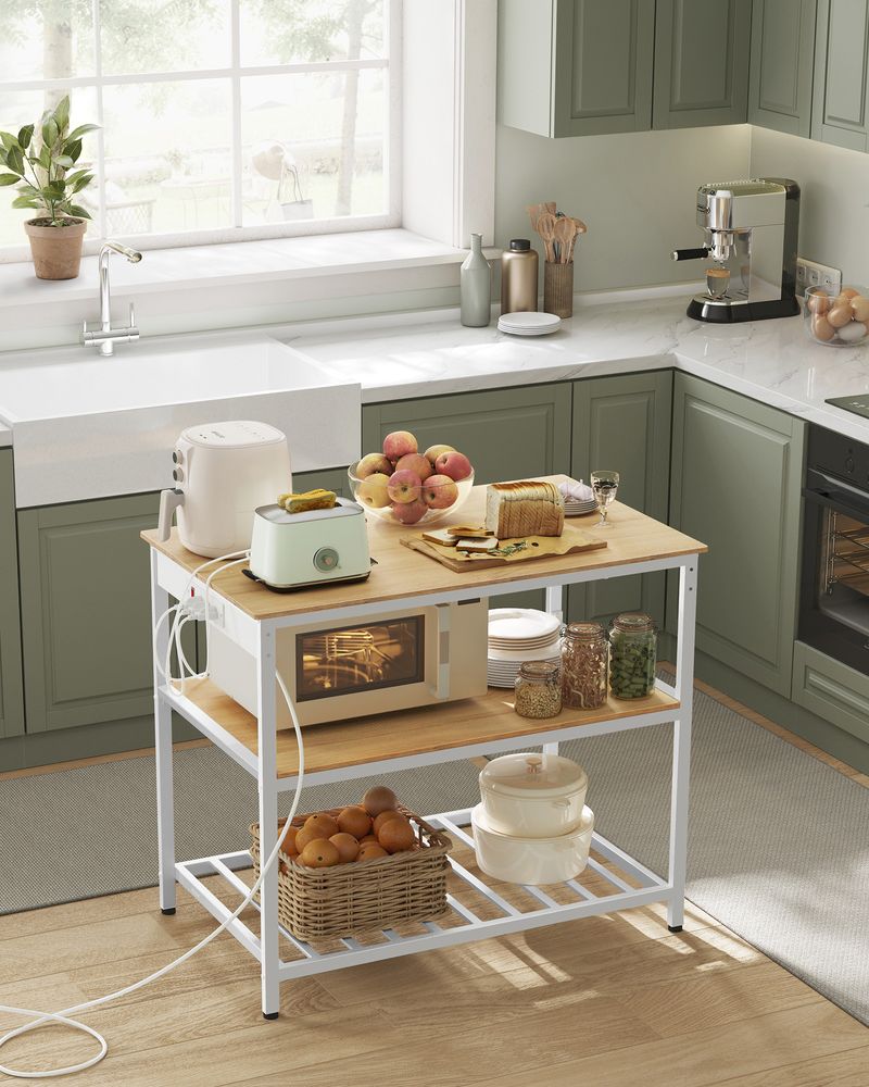 Kitchen Island With 3 Shelves – Built-In Power Strip – Large Worktop