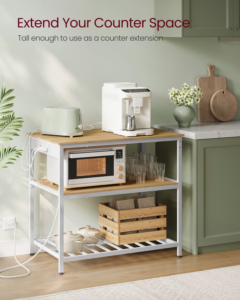 Kitchen Island With 3 Shelves – Built-In Power Strip – Large Worktop