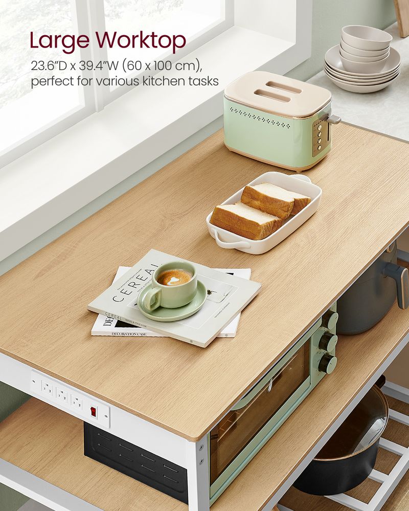 Kitchen Island With 3 Shelves – Built-In Power Strip – Large Worktop