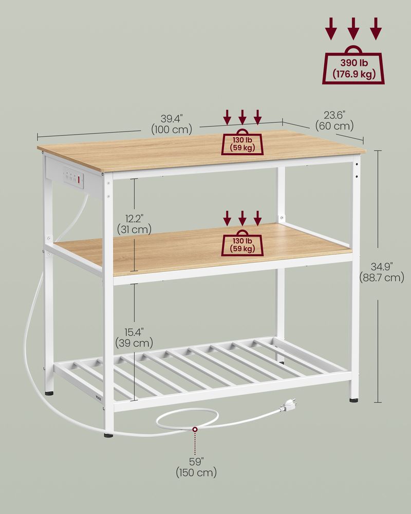 Kitchen Island With 3 Shelves – Built-In Power Strip – Large Worktop