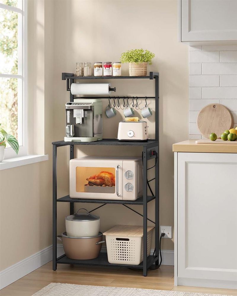 Kitchen Baker’s Rack With Power Outlet – Large Worktop – Multi-Shelf Storage