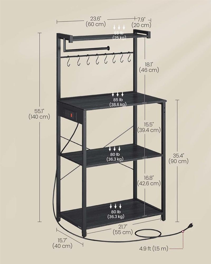 Kitchen Baker’s Rack With Power Outlet – Large Worktop – Multi-Shelf Storage