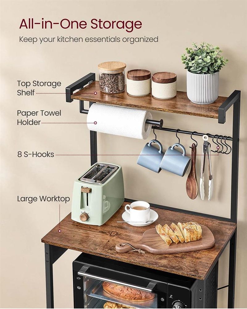 Kitchen Baker’s Rack With Power Outlet – Large Worktop – Multi-Shelf Storage