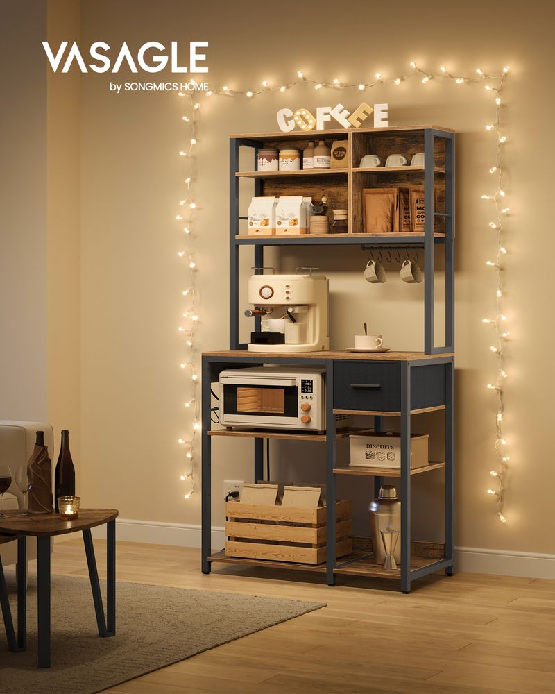 Bakers Rack With Charging Station Kitchen Storage Shelf Microwave Stand