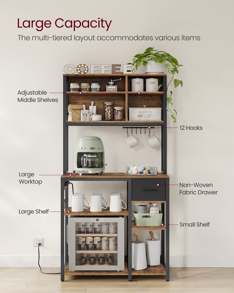 Bakers Rack With Charging Station Kitchen Storage Shelf Microwave Stand