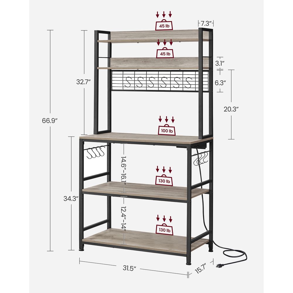 Bakers Rack Hutch - With Power Outlet - Adjustable Shelves