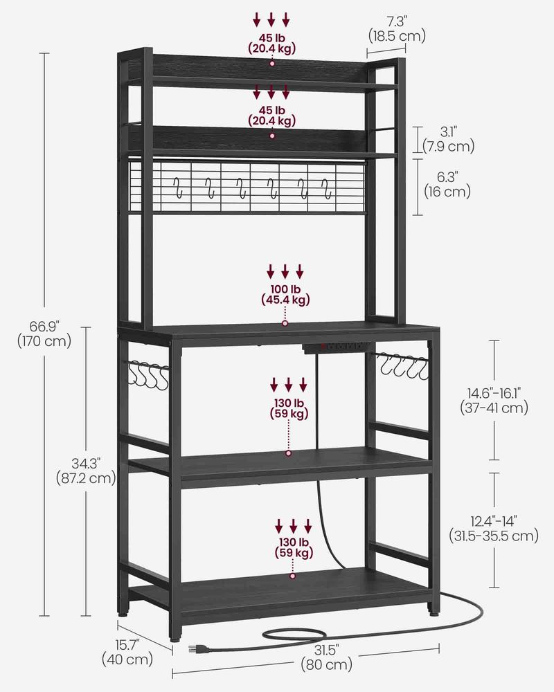 Bakers Rack Hutch - With Power Outlet - Adjustable Shelves