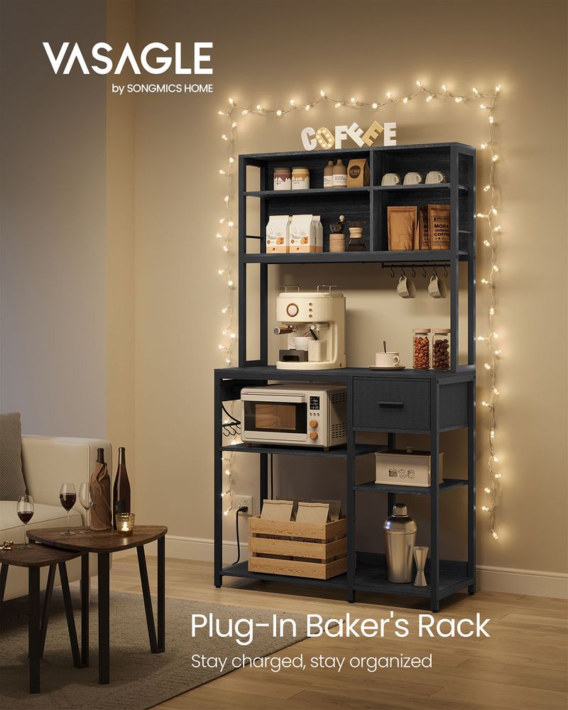 Bakers Rack With Charging Station Kitchen Storage Shelf Microwave Stand