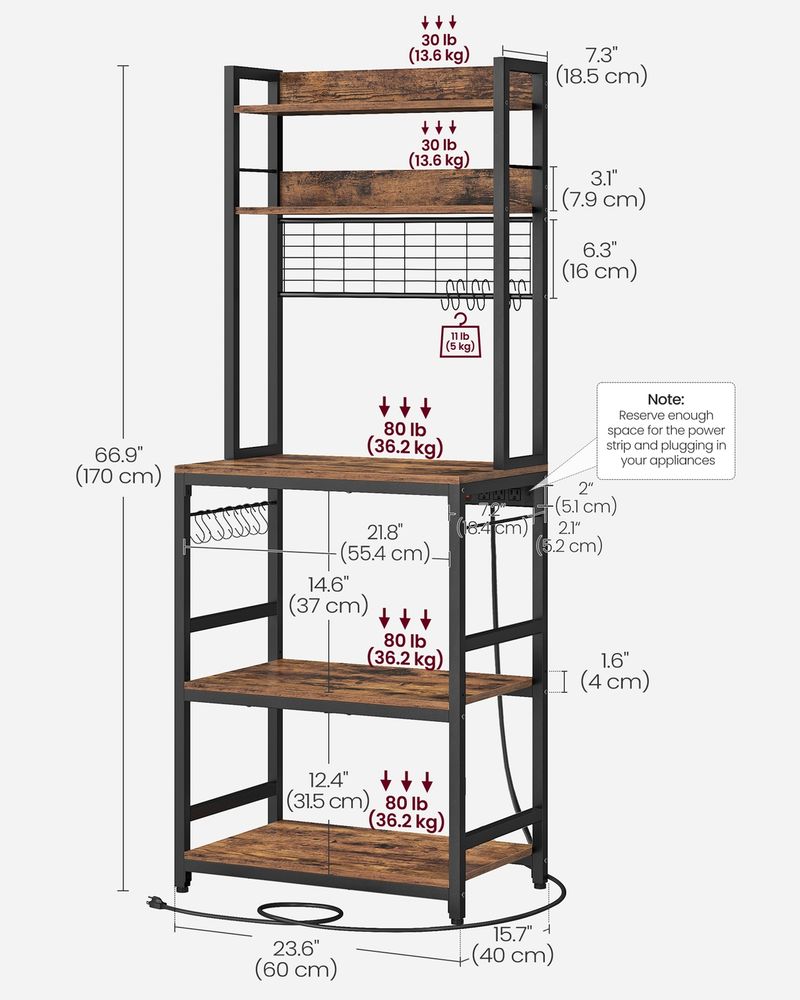 Bakers Rack With Power Outlet Hutch Kitchen Storage Microwave Stand