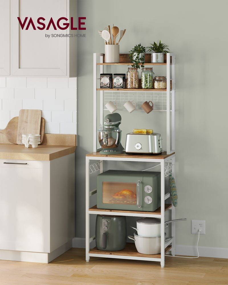 Bakers Rack With Power Outlet Hutch Kitchen Storage Microwave Stand
