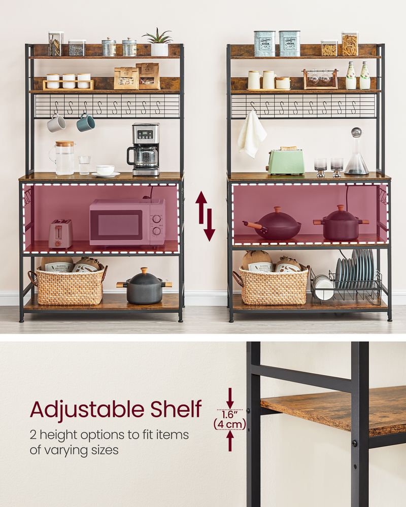 Hutch Bakers Rack With Power Outlet – Adjustable Shelf – Kitchen Storage