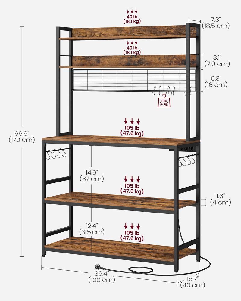Hutch Baker’s Rack With Power Outlet – Adjustable Shelf – 5-Tier Storage