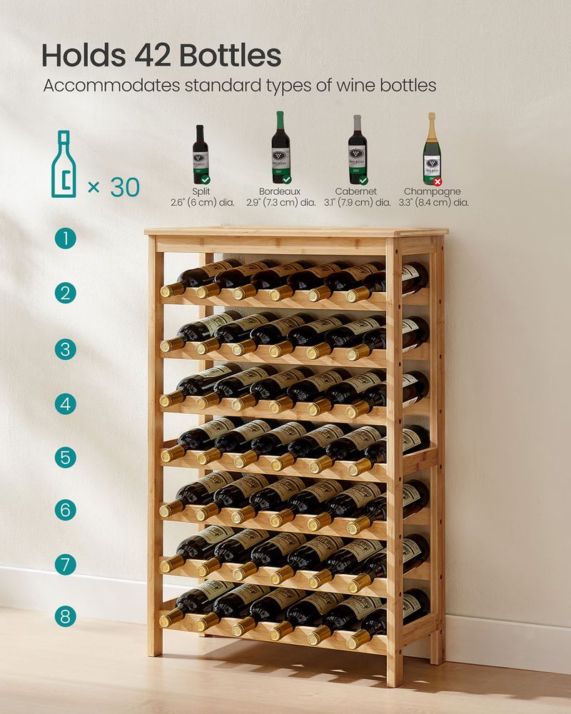 Wine Rack - 42 Bottle Freestanding - Bamboo Floor Storage