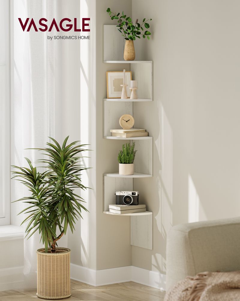 Wall Mounted Corner Shelf - 5 Tier - Space Saving Display Storage