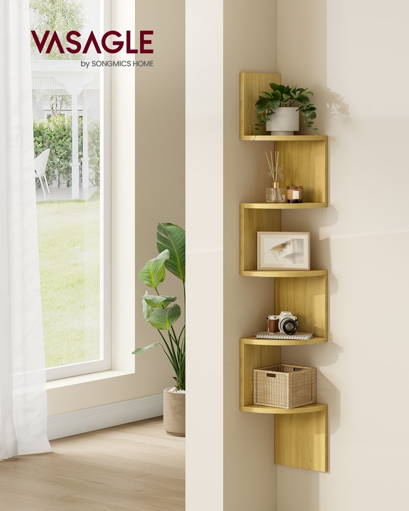 Wall Mounted Corner Shelf - 5 Tier - Space Saving Display Storage