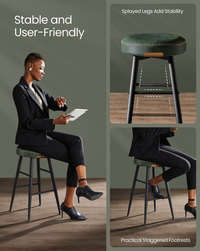 Counter Stools Set of 2 – Padded Faux Leather – Adjustable Footrests
