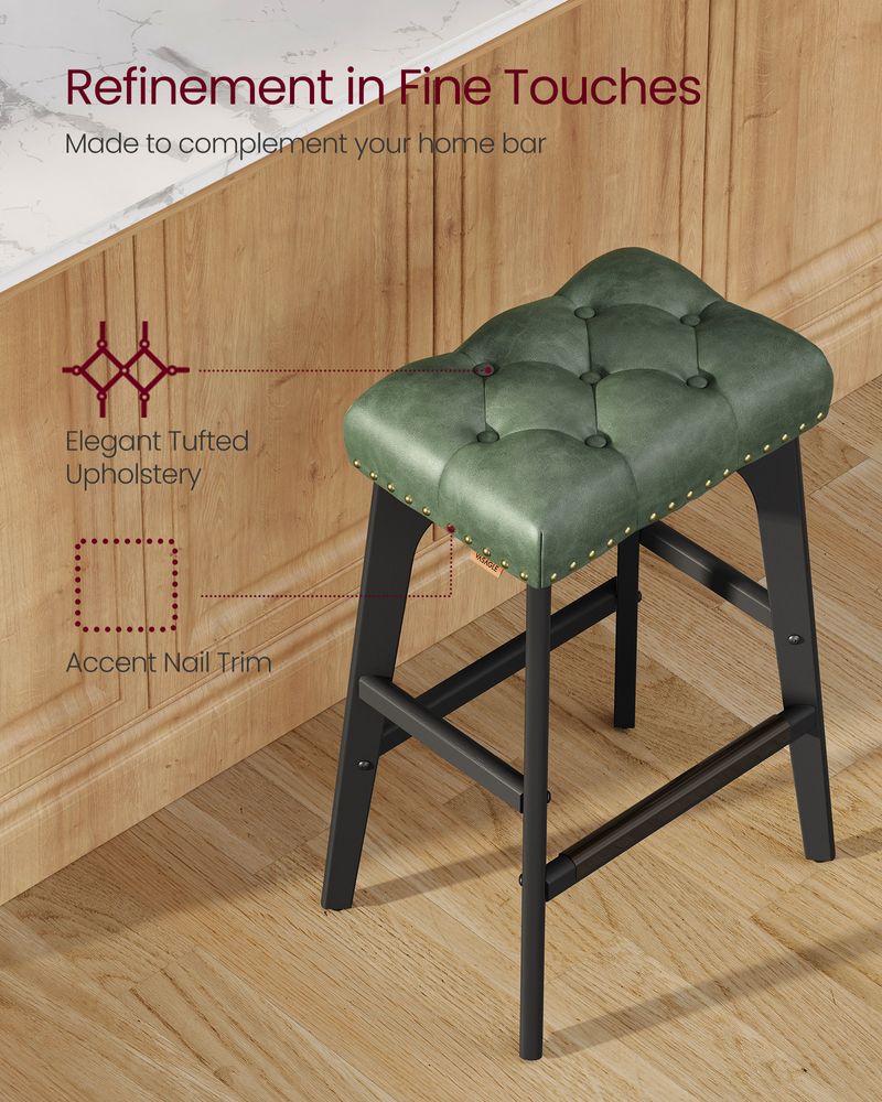 Counter Height Bar Stools Set of 2 – Tufted Seats – Wood Legs