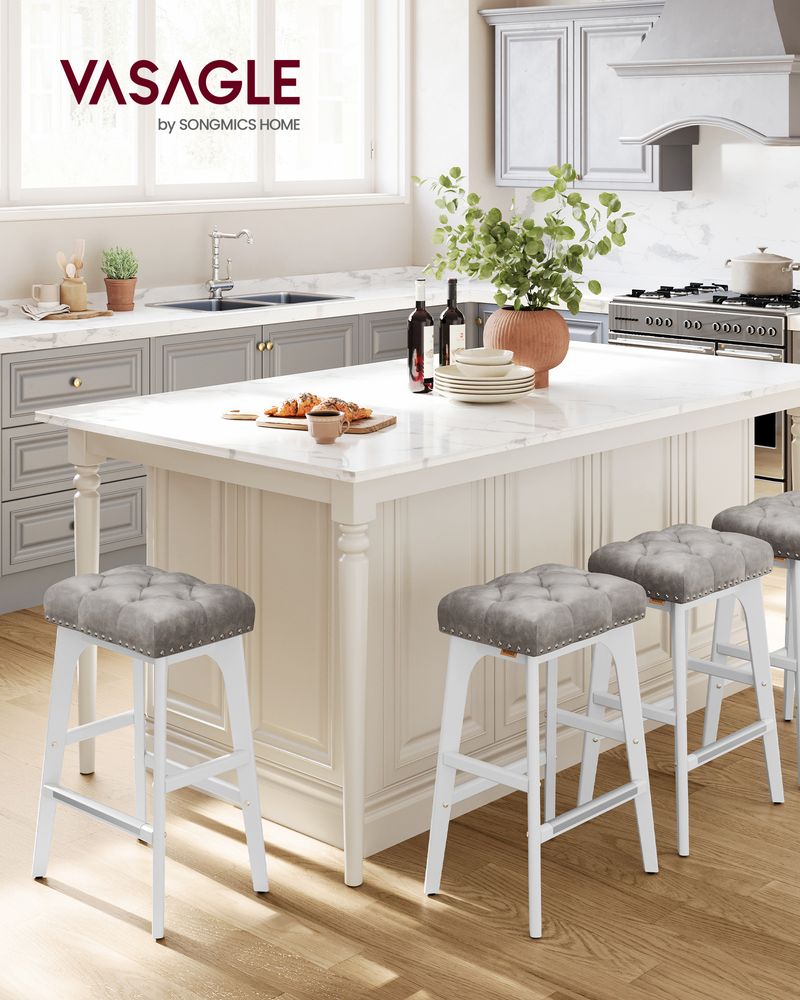 Counter Height Bar Stools Set of 2 – Tufted Seats – Wood Legs