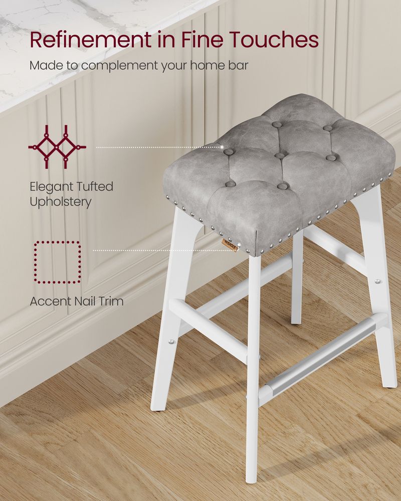 Counter Height Bar Stools Set of 2 – Tufted Seats – Wood Legs