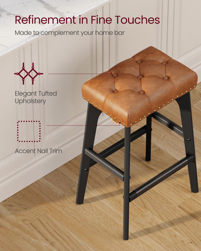 Counter Height Bar Stools Set of 2 – Tufted Seats – Wood Legs