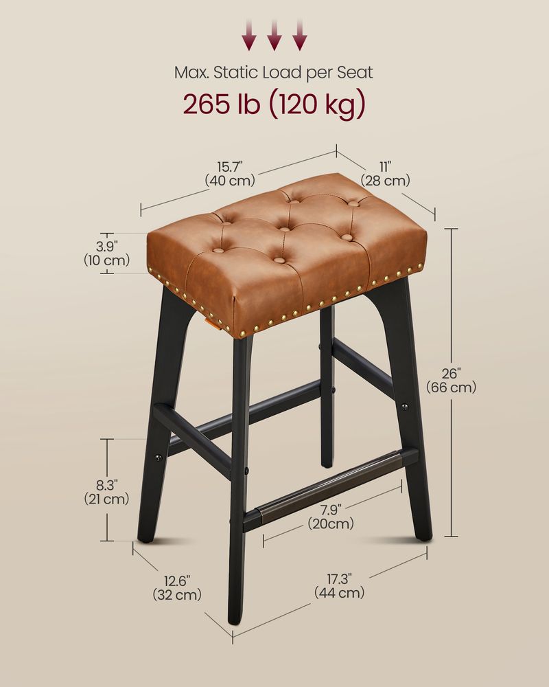 Counter Height Bar Stools Set of 2 – Tufted Seats – Wood Legs