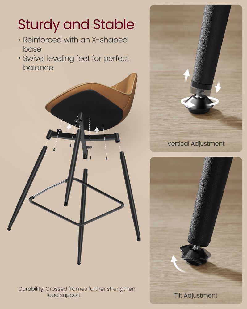 Bar Height Bar Stools Set of 2 – With Backrest – Modern Upholstered Design