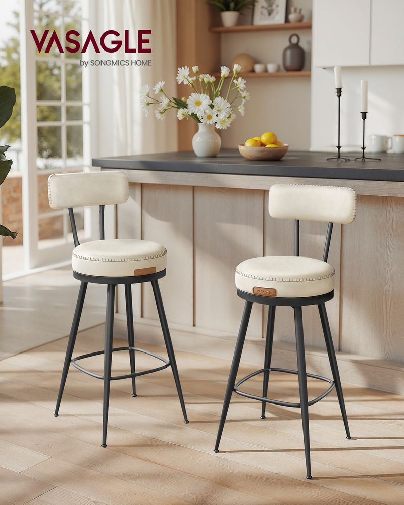 Bar Stools Set of 2 – Swivel Seats – Padded Faux Leather